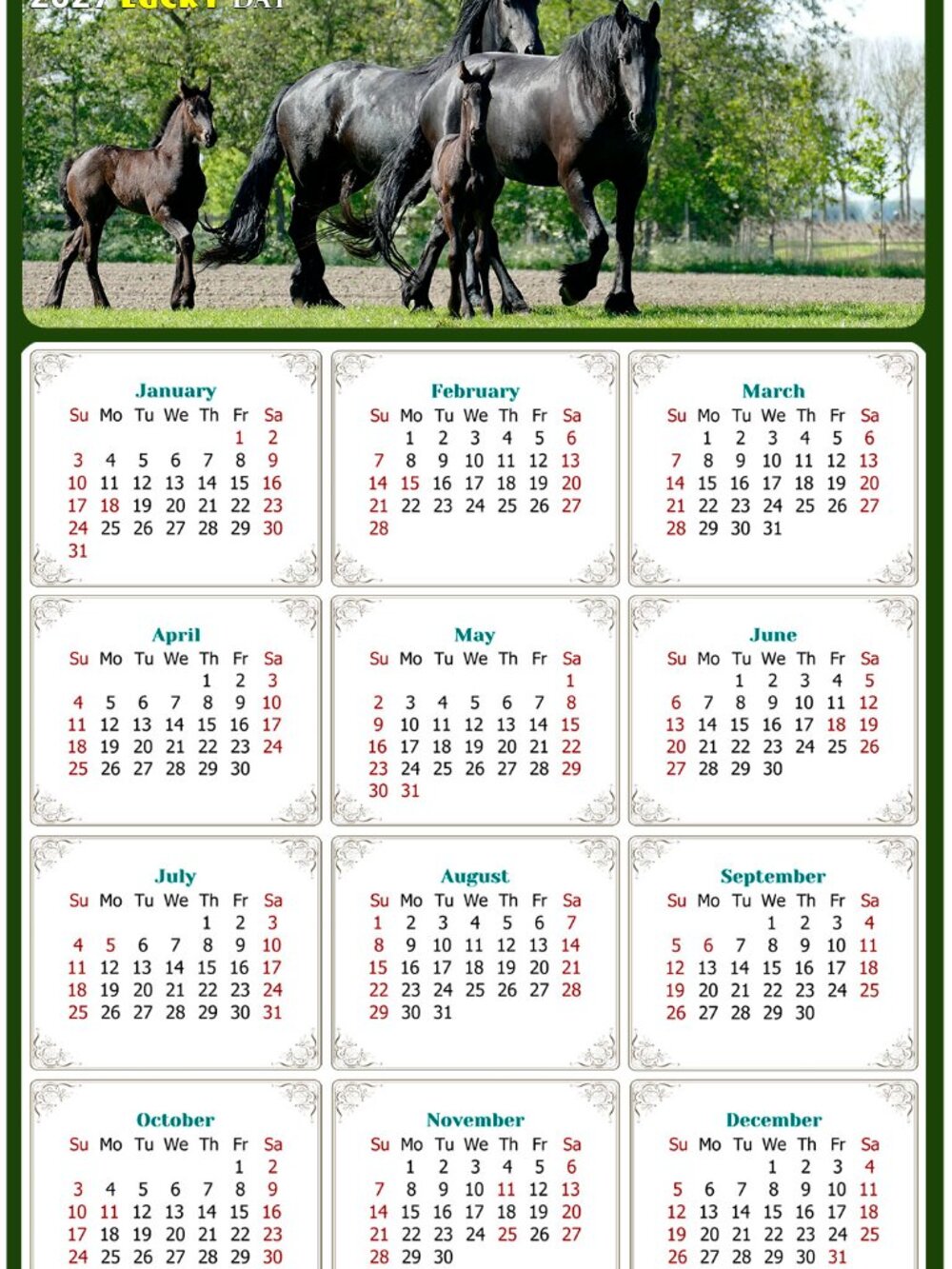 2027 Magnetic Calendar - Today is my Lucky Day - Horses Themed 05 (5.25 x 8)